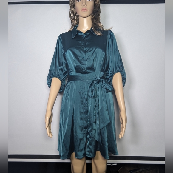 NEW Allegra K Belted Satin Dress Sz small green - Picture 1 of 3